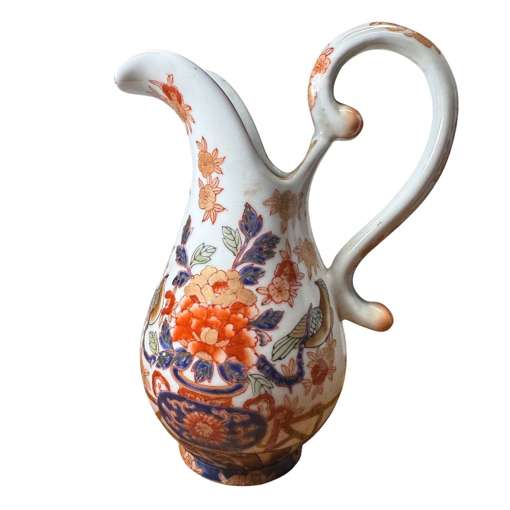 Vintage Chinese Porcelain Pitcher‎ Imari Style Floral Bird Ewer Hand Painted 7in